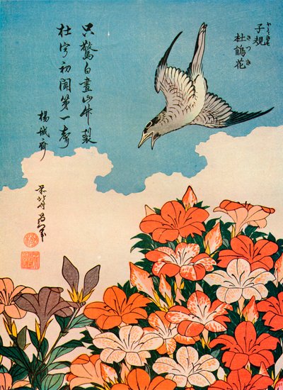 हॉटोटोगिसु सत्सुकी कुक्कू और अज़ालिया, सी 1828, 1936 द्वारा Katsushika Hokusai