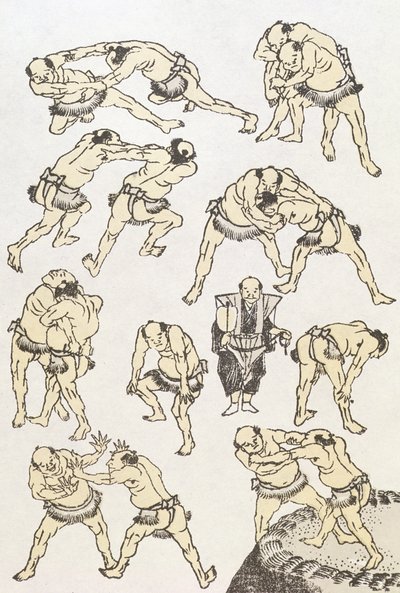 मंगा: पहलवानों के इशारों और मुद्राओं का अध्ययन, पब। 1849, (कलर वुडब्लॉक प्रिंट) द्वारा कत्सुशिका होकुसाई