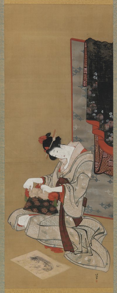 नए साल का रिवाज: नए साल की सुबह पर मेकअप, ईदो की अवधि, c.1806-11 (रेशम पर स्याही का रंग) द्वारा कत्सुशिका होकुसाई