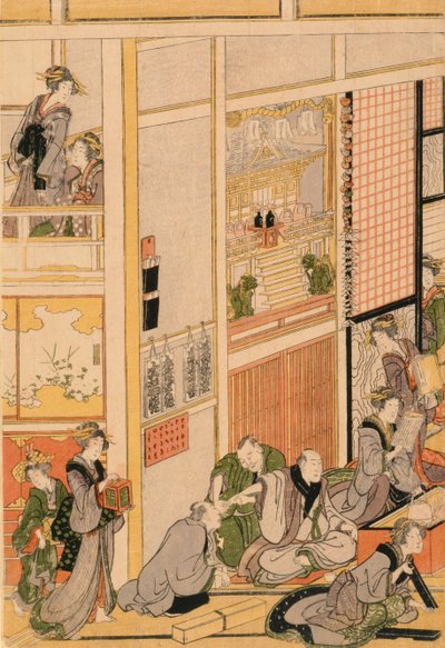 टीहाउस ओगी-य में नए साल का दिन। c.1810 (कलर वुडब्लॉक प्रिंट) (सेट के लिए 277765 और 277797-277798 देखें) द्वारा कत्सुशिका होकुसाई
