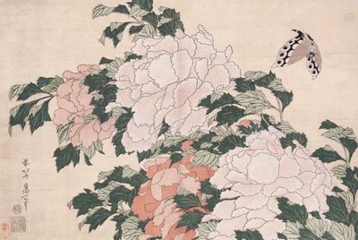 गुलाबी और लाल Peonies एक हवा और एक तितली में वामपंथी को उड़ा दिया द्वारा कत्सुशिका होकुसाई