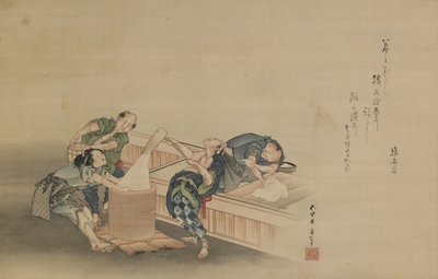मोची के लिए तेज़ चावल, मोमोतो हिनामारो द्वारा लिखी गई, ईदो की अवधि, c.1822 (रेशम पर लटका हुआ अवांछित रंग, जो स्क्रॉल किए गए स्क्रॉल के रूप में घुड़सवार होता है) द्वारा Katsushika Hokusai