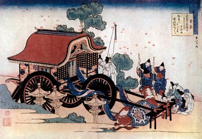 तीन पहियों वाली गाड़ी खींचना, जापानी वुडकट, c1780-1849। द्वारा कत्सुशिका होकुसाई