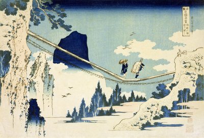 Hida और Etchu के बीच सस्पेंशन ब्रिज (वुडब्लॉक प्रिंट) द्वारा Katsushika Hokusai