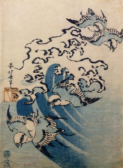 लहरें और पक्षी, c.1825 (रंग वुडब्लॉक प्रिंट) द्वारा कत्सुशिका होकुसाई