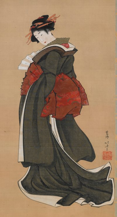 पंखा पकड़े महिला, ईदो अवधि, सीए। 1810-1811। द्वारा Katsushika Hokusai