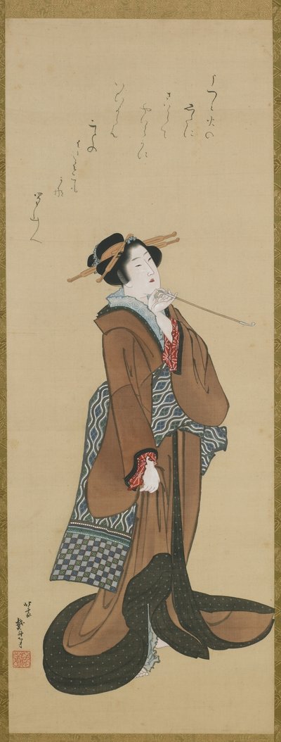 तम्बाकू पाइप रखने वाली महिला, ईदो अवधि, c.1814-15 (रेशम पर स्याही का रंग) द्वारा कत्सुशिका होकुसाई