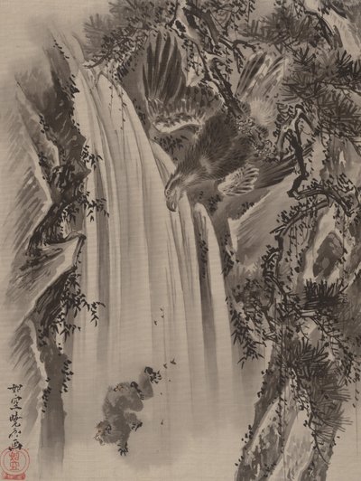 झरना, ईगल और बंदर, सीए। 1887। द्वारा कवनाबे क्योसई