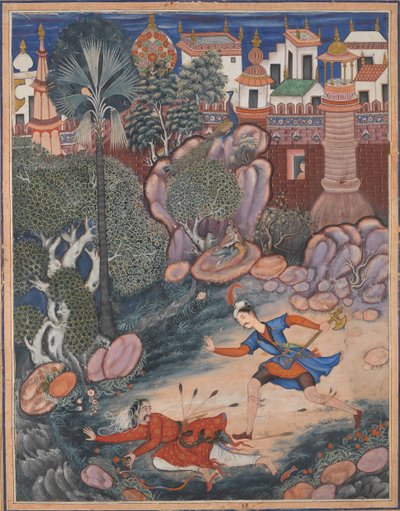 उमर फुलद कैसल के चारों ओर घूमता है, एक पैदल सैनिक से मिलता है और उसे जमीन पर पटक देता है ..., सीए। 1570. द्वारा केशव दास