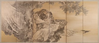 एक गर्जन वाले बाघ को दर्शाती छह-गुना स्क्रीन, 1749-1838 द्वारा किषि गंकु