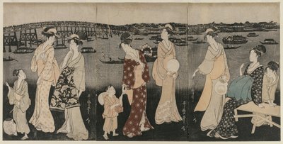 सुमिदा नदी के किनारे शाम की ठंडक का आनंद लेते हुए, c. 1797-98। द्वारा किटगावा उतामारो