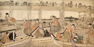 1790 के रयोगोकू ब्रिज के नीचे जाल के साथ मछली पकड़ने वाली नावें। द्वारा किटगावा उतामारो