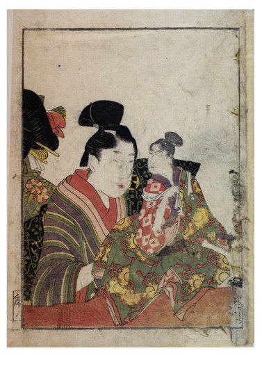 पुरुष और महिला जोड़तोड़ के साथ कठपुतली दृश्य, c. 1758-1806 (कागज पर वुडब्लॉक प्रिंट) द्वारा किटगावा उतामारो