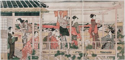 कपड़े सुखाने - उतामारो, कितागावा (1753-1806) द्वारा कपड़े सुखाने, सी। 1790 - रंगीन वुडकट, 37.3x75.8 - निजी संग्रह द्वारा किटगावा उतामारो