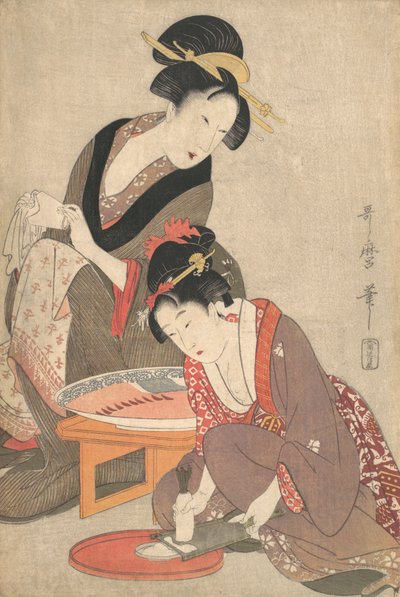 सशिमी की तैयारी करती महिलाएं, 1806-20। द्वारा किटगावा उतामारो