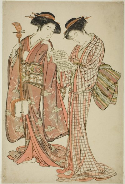 दो गीशा एक शमीसेन और एक गीत पुस्तक पकड़े हुए द्वारा Kitao Shigemasa