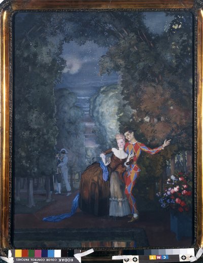 हर्लेक्विन एंड ए लेडी, 1912 (कार्डबोर्ड पर wc und gouache) द्वारा कोंस्टेंटिन एंड्रीविक सोमोव