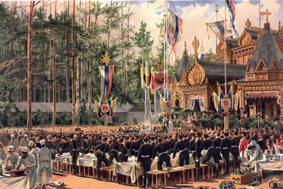 रूस के ज़ार अलेक्जेंडर III का राज्याभिषेक एल्बम (1845-1894) और महारानी मारिया फेडोरोवना (डेनमार्क की डागमार) (1847-1928) - कॉन्स्टेंटिन अपोलोनोविच सावित्स्की (कॉन्स्टेंटिन अपोलोन) द्वारा सोकोलनिकी (कोरोनेशन एल्बम से) में राज्याभिषेक दावत द्वारा कॉन्स्टेंटिन एपोलोनोविच सवेत्स्की