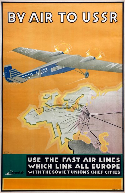 इंटूरिस्ट कंपनी, 1934 के यूएसएसआर पोस्टर के लिए हवाई मार्ग से द्वारा कॉन्स्टेंटिन बोर रामेन्स्की