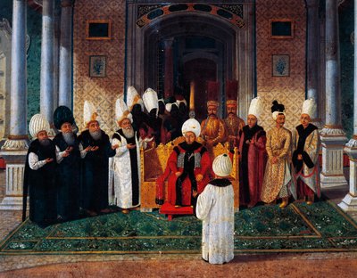 सेलिम III (1761-1808) टोपकापी में गेट ऑफ फेलिसिटी की छतरी के नीचे गणमान्य व्यक्तियों का स्वागत करते हुए, सुल्तान सुलेमान III के सिंहासन पर चढ़ने के समारोह का विवरण, लगभग 1789 (कैनवास पर तेल) द्वारा कोंस्टेंटिन कपिदागली