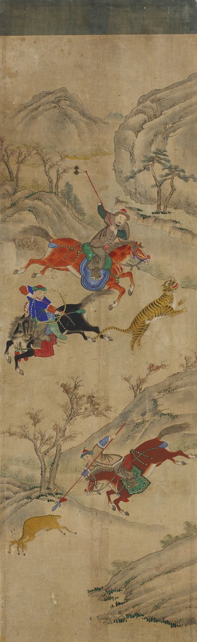 शिकार दृश्य (हिरण और बाघ का शिकार करने वाले 3 सवार) (wc कागज पर) द्वारा कोरियाई स्कूल