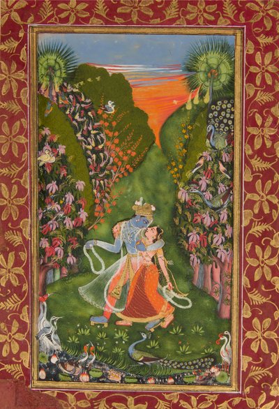 राधा और कृष्ण वॉक इन ए फ्लावरिंग ग्रोव रेक्टो, कृष्णा फ्लूटिंग वर्सो, c1720 r, c1750-75 v द्वारा कोटा मास्टर