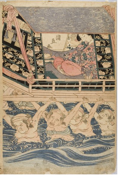 एक यात्रा पर युवतियों का वसंत दृश्य, c.1786-1864 (कागज पर वुडब्लॉक प्रिंट) द्वारा कुनिनागा उटगावा