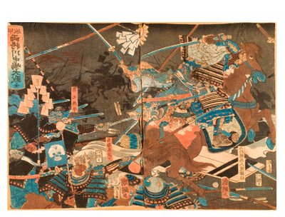 दो जनरलों के बीच कवनकाजिमा की महान लड़ाई, c.1859-71 (कागज पर लकड़ी का ब्लॉक) द्वारा कुनिनागा उटगावा