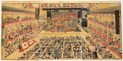 ओडोरी-कीयो एदो-ए नो साके: थिएटर इंटीरियर विद शिबारक प्रदर्शन, 1858 द्वारा कुनिसादा