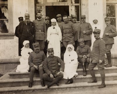 फ्र्यूली-वेनेज़िया गिउलिया में प्रथम विश्व युद्ध का एल्बम: माल्टा के शूरवीरों की यात्रा के दौरान अधिकारियों और रेड क्रॉस नर्सों के साथ समूह चित्र एक विला ब्रेज़ो, सोलेशियानो मंज़ानो में युद्ध के अस्पताल के 17 का घर, 25/11/1915 ( बी / डब्ल्यू फोटो) द्वारा एल। वर्दियानी