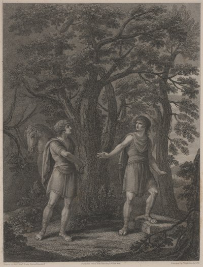 "पलामोन और आर्केइट" से चित्रण, फ्रांसेस्को बार्टोलोज़ी 1797 (स्टिपल क्रैस) द्वारा बनाया गया प्रिंट द्वारा लेडी डायना (बाद) बीउक्लेरक