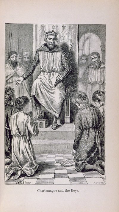 शारलेमेन (742-814) और लड़कों, &39;लिटिल आर्थर हिस्ट्री ऑफ फ्रांस: द अर्ली ऑफ द अर्ली ऑफ द फॉल ऑफ द सेकेंड एम्पायर&39; से 1899 में प्रकाशित चित्रण द्वारा लेडी एम। चालकोट
