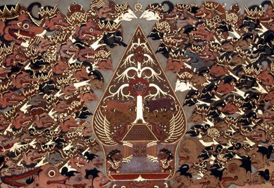 वेयांग बीबर शैली में पेंटिंग जो छाया के रंगमंच (वेयांग कुलित), मंगकुनेगरन पैलेस, सुरकार्ता, जावा, इंडोनेशिया से प्रेरित है द्वारा लैला (समकालीन कलाकार) शावा