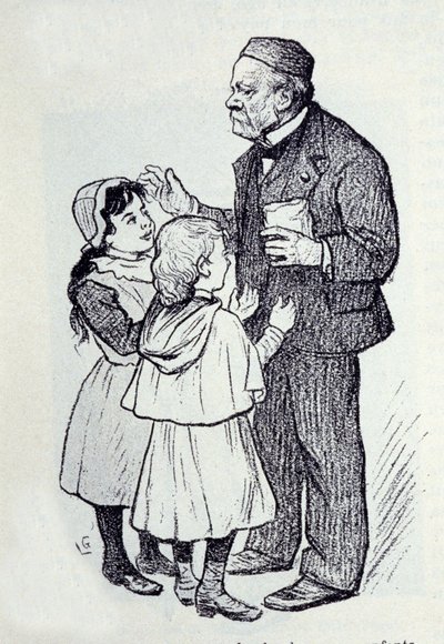 लुई पाश्चर का पोर्ट्रेट (1822-1895), फ्रांसीसी रसायनज्ञ और भौतिक विज्ञानी संस्थान के बच्चों को मिठाई देते हुए। लुसिएन लॉरेंट-गसेल (लॉरेंट गेसेल) द्वारा स्केच (1860-1944)। डॉ द्वारा लॉरेंट लुसिएन गसेल