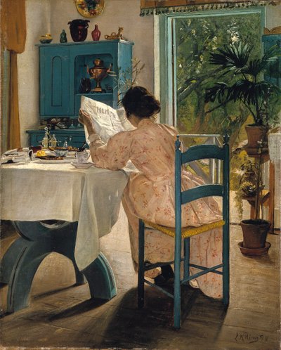सुबह के समाचार पत्र के साथ नाश्ता, 1898। द्वारा Laurits Andersen Ring