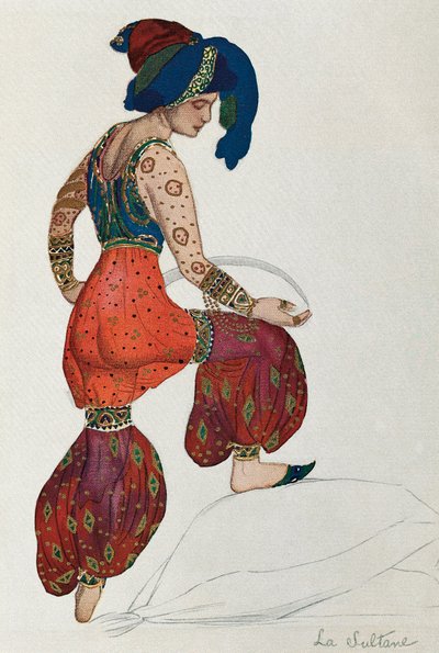 वैस्लाव निजिंस्की या निजिंस्की (1889-1950) की पोशाक बैले "शेहरज़ादे" 1910 (कागज पर पानी के रंग) में सुल्तान के चरित्र के लिए द्वारा लियोन बक्स्तो