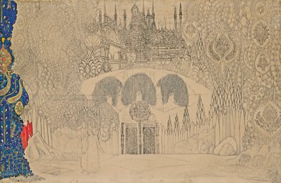 आई. स्ट्राविंस्की द्वारा 1909-1910 में बैले द फायरबर्ड ल'ओसेउ डे फेउ के लिए स्टेज डिजाइन। द्वारा लियोन बक्स्तो