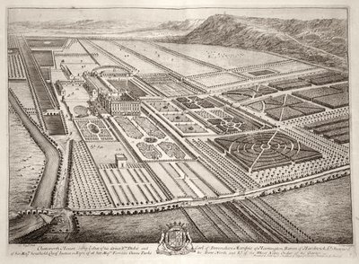 चैटस्वर्थ हाउस, विलियम कैवेन्डिश की सीट (1640-1707) 1 ड्यूक ऑफ डेवन्सशायर, जोहान्स किप (c.1652-1722) द्वारा उत्कीर्ण द्वारा लियोनार्ड Knyff