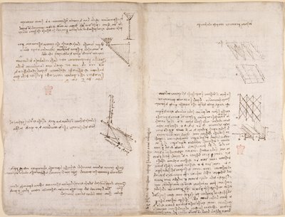 अरुंडेल 263, f.120v, f.121 यांत्रिकी पर नोट्स और आरेख, तरल पदार्थ के वेग के संबंध में, c.1503-6 (कागज़ पर कलम और स्याही) द्वारा लियोनार्डो दा विंची