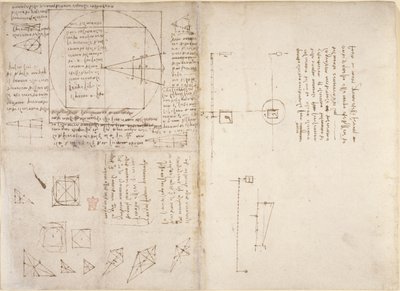 अरुंडेल 263, f.72v, f.69 यांत्रिकी और गुरुत्वाकर्षण के केंद्र पर नोट्स और आरेख, #39;कोडेक्स अरुंडेल#39; से, c.1503-5 (कागज़ पर कलम और स्याही) द्वारा लियोनार्डो दा विंची