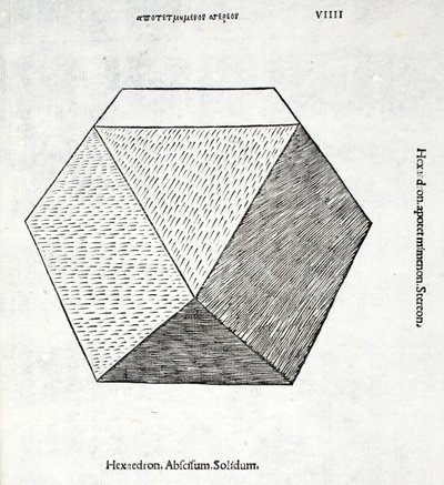 Hexaedron लुका पसिओली (c.1445-1517) द्वारा एक &39;दिव्य अनुपात&39; से पूरी तरह से काट दिया, मूल रूप से पब। वेनिस 1509 द्वारा लियोनार्डो दा विंची