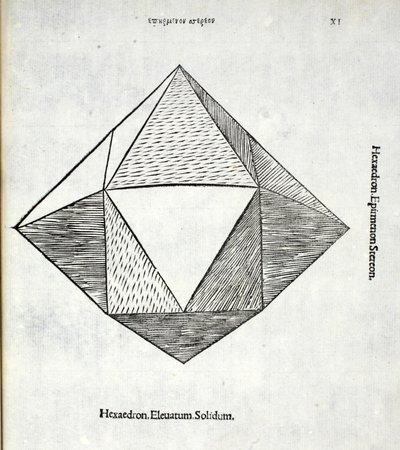 Hexaedron लुका पसिओली (c.1445-1517) द्वारा एक &39;दिव्य अनुपात&39; से पूरी तरह से हटा लिया, मूल रूप से पब। वेनिस 1509 द्वारा लियोनार्डो दा विंची