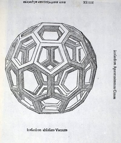 Icosaedron कटौती लुका पसिओली (c.1445-1517) द्वारा एक &39;दिव्य अनुपात&39; से कोई मतलब नहीं है, मूल रूप से पब। वेनिस 1509 द्वारा लियोनार्डो दा विंची