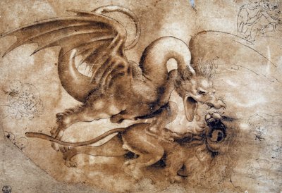 लियोनार्डो दा विंची (लियोनार्डो दा विंची) (1452 - 1519): एक शेर और एक अजगर के बीच लड़ाई, GDSU 435 E (कल्पना कीजिए) द्वारा Leonardo da Vinci