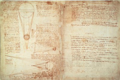 नोट और सूर्य के पृथ्वी और चंद्रमा के बीच संबंध पर दो आरेख द्वारा Leonardo da Vinci