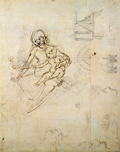 एक वर्जिन और बाल और प्रोफाइल और मशीनों के प्रमुखों के लिए अध्ययन, c.1478-80 (कागज पर पेंसिल और स्याही) द्वारा लियोनार्डो दा विंची
