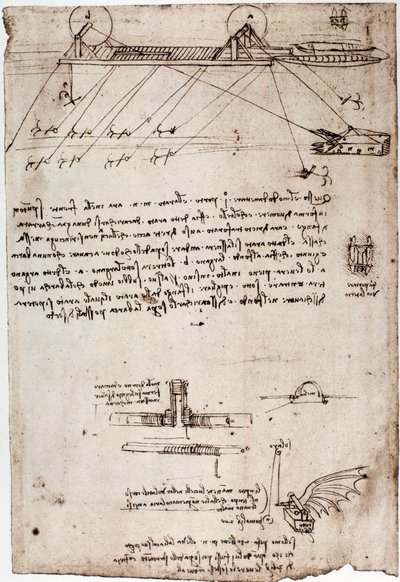 लियोनार्ड डी विंची (लियोनार्डो दा विंची) (1452 - 1519) द्वारा एक समुद्री ड्रेज के लिए अध्ययन। कलम और स्याही से चित्र बनाना। द्वारा लियोनार्डो दा विंची