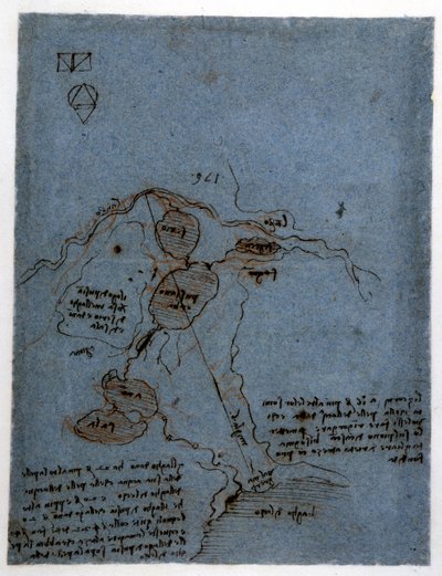 लियोनार्ड डी विंची (लियोनार्डो दा विंची) (1452 - 1519) द्वारा हाइड्रोलिक मशीनों (नोरिया) में जल बल के शोषण पर अध्ययन। कलम और स्याही से चित्र बनाना। द्वारा लियोनार्डो दा विंची