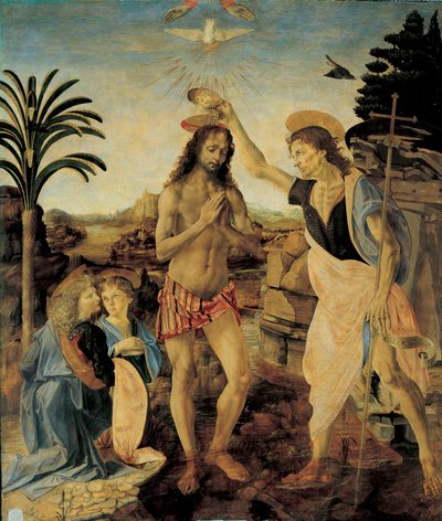 1475 - 1478 के आसपास मसीह का बपतिस्मा एंड्रिया डेल वेरोकियो (1436-1488) और लियोनार्डो दा विंची (विन्सी के लियोनार्ड) (1452-1516), लकड़ी पर तेल और तापमान द्वारा द्वारा लियोनार्डो दा विंची