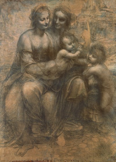 सेंट ऐनी के साथ वर्जिन और चाइल्ड, और शिशु सेंट जॉन द बैपटिस्ट, c.1499-1500 (कागज पर सफेद चाक के साथ ऊंचा लकड़ी का कोयला, कैनवास पर घुड़सवार) द्वारा Leonardo da Vinci